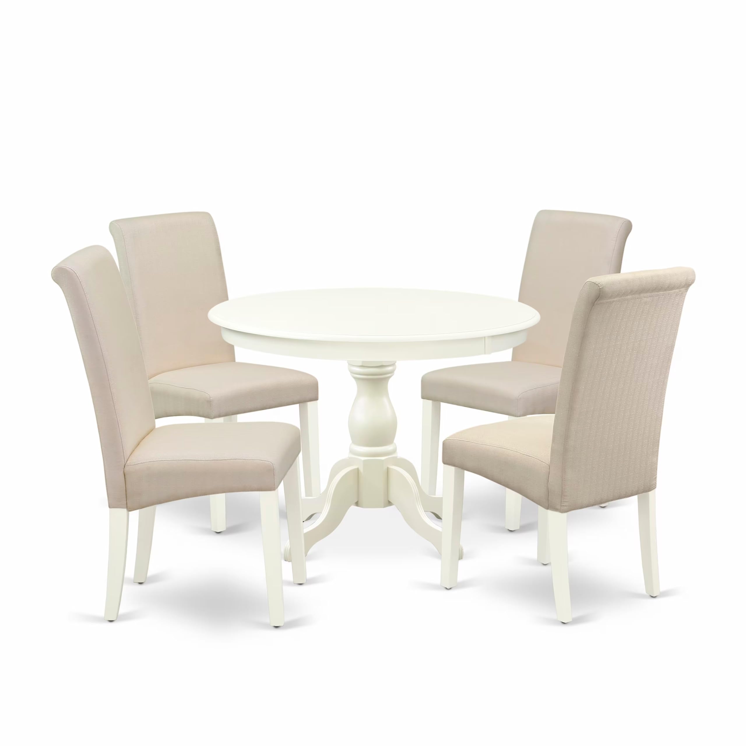 East West Furniture HBBA5-LWH-01 5 Piece Kitchen Table Set for 4 Includes a Round Dining Table with Pedestal and 4 Cream Linen Fabric Parson Dining Room Chairs, 42x42 Inch, Linen White
